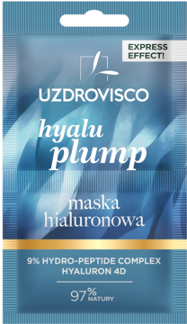 Niebieska saszetka UZDROVISCO Hyalu Plump ekspresowa maska hialuronowa do twarzy, widok z przodu.