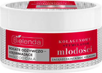 Bielenda Kolagenowy Stymulator Młodości masło do ciała w białym słoiku z czerwoną etykietą i fasetowanym korpusem.