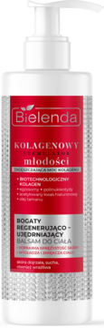 Bielenda Kolagenowy Stymulator Młodości balsam do ciała, biała butelka z pompką, czerwono-srebrna etykieta, widok z przodu.