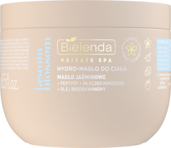Bielenda Private Spa Hydro-Masło do Ciała Jasmin Blossom, beżowy słoik z widocznym tekstem, widok z przodu. Z peptydami i kokosem.