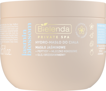 Bielenda Private Spa Hydro-Masło do Ciała Jasmin Blossom, beżowy słoik z widocznym tekstem, widok z przodu. Z peptydami i kokosem.