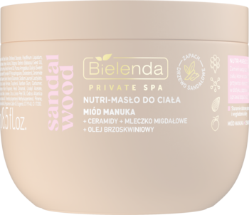 Beżowe Nutri-Masło do Ciała Bielenda Private Spa Sandalwood z miodem manuka w okrągłym słoiczku.