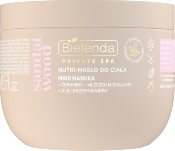 Beżowe Nutri-Masło do Ciała Bielenda Private Spa Sandalwood z miodem manuka w okrągłym słoiczku.