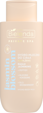 Bielenda Private Spa Hydro Body Milk Jasmin Blossom, nawilżające mleczko w jasnobeżowej butelce z pionowym tekstem, widok z przodu.
