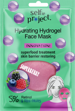 Selfie Project Hydrating Hydrogel Face Mask Superberry z retinolem, zielone opakowanie z fioletowymi kulami.