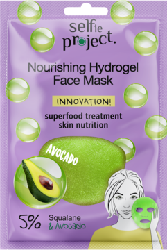 Selfie Project Nourishing Hydrogel Face Mask w fioletowej saszetce z awokado i 5% skwalanem, widok z przodu.