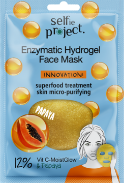 Selfie Project Enzymatic Hydrogel Face Mask z papają i wit. C, niebieska saszetka z grafiką owoców.