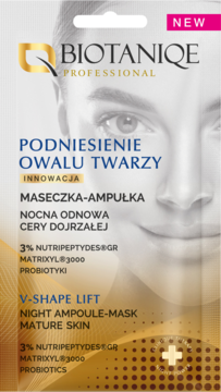 Biotaniqe V-Shape Lift Ampoule-Mask dla cery dojrzałej z peptydami, w srebrnym pionowym opakowaniu, widok z przodu.