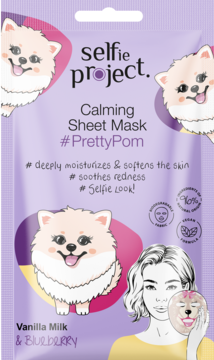 Selfie Project Calming Sheet Mask #PrettyPom, front of purple sachet with cute Pomeranian dog motif.