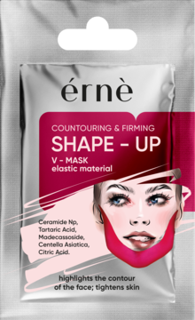 Ernè Shape-Up V-maska ujędrniająca z ceramidami w srebrnym opakowaniu z różową grafiką twarzy.