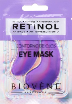 Fioletowe żelowe płatki pod oczy Biovene Retinol Eye Mask w przezroczystym opakowaniu, widok z przodu.