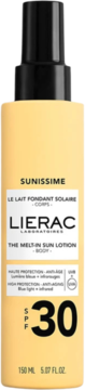 Lierac Sunissime The Melt-in Sun Lotion SPF 30 w jasnobeżowej butelce z czarnym dozownikiem, widok z przodu.