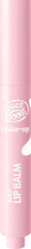 Różowy balsam FaceBoom make-up JUICY LIP BALM w podłużnym opakowaniu, z białym napisem, widok z przodu.