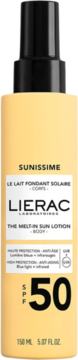 Żółta butelka Lierac Sunissime Le Lait Fondant Solaire Corps SPF 50, balsam do ciała, widok z przodu.