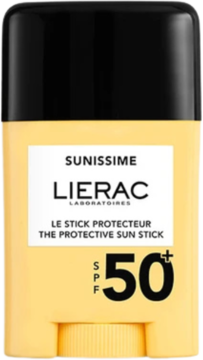 Żółty sztyft ochronny Lierac Sunissime SPF 50+, z czarną nakrętką i białym napisem, widok z przodu.