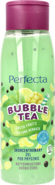 Perfecta Bubble Tea skoncentrowany żel pod prysznic, butelka z zielonym płynem, mango, cytryną i miętą, widok przód.