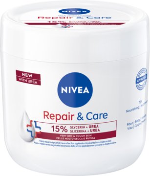 NIVEA Repair & Care krem z 15% mocznikiem, biały słoik 400ml, widok z przodu, niebieskie logo, czerwony krzyżyk.