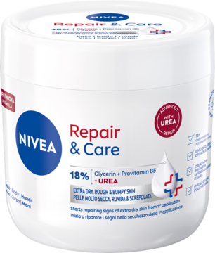 NIVEA Repair & Care, biały krem multifunkcyjny z mocznikiem 400ml w okrągłym słoiku, widok z przodu.