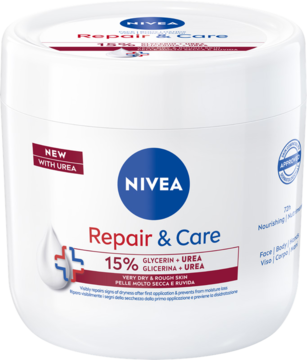 Biały, okrągły słoik kremu NIVEA Repair & Care z mocznikiem 400ml, z niebieskim logo, widok z przodu.