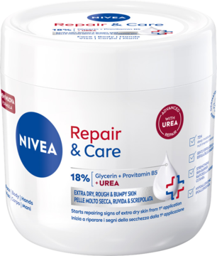 Biały słoik NIVEA Repair & Care z mocznikiem i gliceryną na suchą skórę, widok z przodu, 18% składników aktywnych.