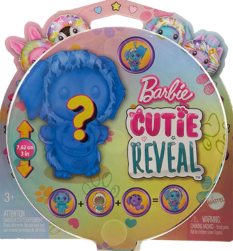 Barbie Cutie Reveal mystery toy: blue fluffy animal in costume, yellow question mark on colorful round box, front view.