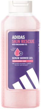 Adidas Skin Rescue Serum Shower Gel z macadamia oil, różowa butelka z fioletową etykietą, widok z przodu, dla regeneracji skóry.