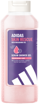 Adidas Skin Rescue Serum Shower Gel z macadamia oil, różowa butelka z fioletową etykietą, widok z przodu, dla regeneracji skóry.