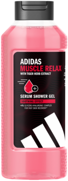 Różowy żel pod prysznic Adidas Muscle Relax Serum Soothing Effect, z przodu, czarna etykieta z białym logo.