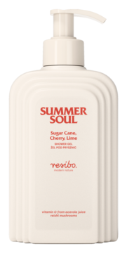 Kremowy żel Resibo Summer Soul z pompką, front. Widoczne napisy Sugar Cane, Cherry, Lime, witamina C, Reishi.