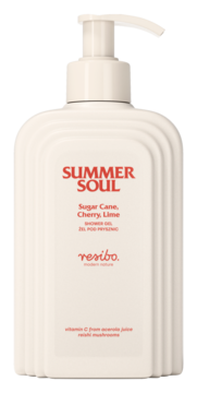 Kremowy żel Resibo Summer Soul z pompką, front. Widoczne napisy Sugar Cane, Cherry, Lime, witamina C, Reishi.
