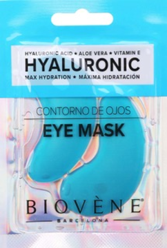 Biovène Hyaluronic Eye Mask, nawilżające niebieskie płatki pod oczy z kwasem hialuronowym w przezroczystej folii.