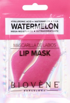 Biovène Barcelona Watermelon Lip Mask: różowe maseczki w przezroczystej saszetce z różowym paskiem.