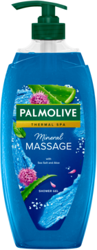 Palmolive Thermal Spa Mineral Massage żel pod prysznic, niebieska butelka z aloesem i kwiatami, widok z przodu.