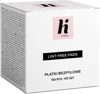 Białe pudełko płatków bezpyłowych Hi Hybrid 100 sztuk do manicure, widok z przodu, lekko z boku.