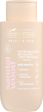 Beżowe mleczko Bielenda Private SPA Sandal Wood do kąpieli i pod prysznic, z miodem manuka, widok z przodu.