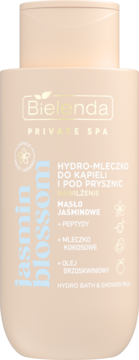 Beżowa butelka Bielenda Private SPA Jasmin Blossom hydro-mleczka, widok z przodu, z niebieskim napisem.