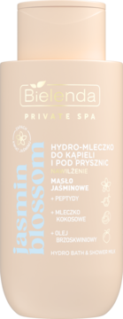 Beżowa butelka Bielenda Private SPA Jasmin Blossom hydro-mleczka, widok z przodu, z niebieskim napisem.
