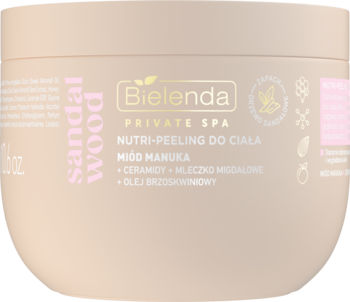 Jasnobrązowy słoik Bielenda Private Spa Nutri-Peeling do ciała z miodem manuka i drzewem sandałowym, widok z przodu.