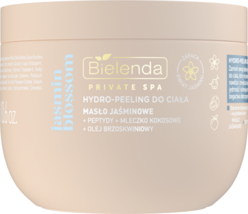 Bielenda Private Spa peeling do ciała Jasmin Blossom w beżowym słoiku, z przodu, z masłem jaśminowym i peptydami.