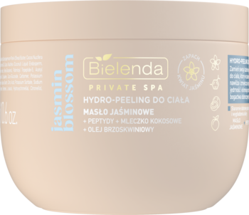 Bielenda Private Spa peeling do ciała Jasmin Blossom w beżowym słoiku, z przodu, z masłem jaśminowym i peptydami.