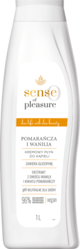 Sense of Pleasure kremowy płyn do kąpieli Pomarańcza Wanilia, biała butelka, widok z przodu.