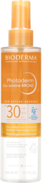 Bioderma Photoderm Eau Solaire Bronz, pomarańczowy spray SPF 30 do opalania, widok z przodu, 200ml.