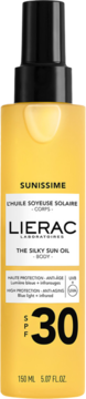 Lierac Sunissime The Silky Sun Oil SPF 30, żółta butelka z czarną pompką, widok z przodu, pojemność 150ml.