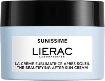 Lierac Sunissime krem po opalaniu z algami i kokosem. Niebieski słoiczek z czarną nakrętką, widok z przodu.
