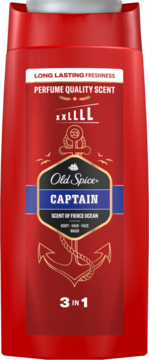 Czerwony żel pod prysznic Old Spice Captain 3w1, z grafiką kotwicy i napisem "Scent of Fierce Ocean".
