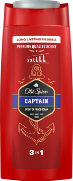 Old Spice Captain 3w1, czerwony żel pod prysznic, widok z przodu, z kotwicą i napisem 'Scent of Fierce Ocean'.