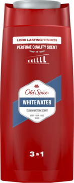 Czerwona butelka Old Spice Whitewater 3w1 żelu XXL, etykieta Clean Watery Scent, zapach perfum.