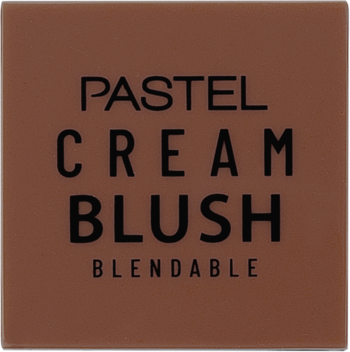 Jasnobrązowy, kwadratowy róż w kremie Pastel Cream Blush Blendable, widok z góry z czarnym napisem.