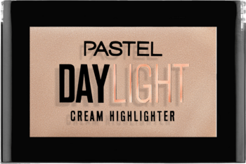 Pastel Day Light Cream Highlighter, czarny kompakt z beżowym panelem i złotym napisem, widok z przodu.