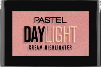 Kremowy rozświetlacz Pastel Day Light w czarnym kompakcie z różową wkładką, widok z przodu, tekstura matowa.